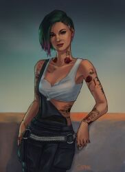  1girl arm_tattoo artist_name asymmetrical_hair belt black_belt black_overalls black_pants breasts brown_eyes chest_tattoo closed_mouth collarbone collarbone_tattoo crop_top cyberpunk cyberpunk_(series) cyberpunk_2077 eyeliner flower_tattoo gradient_hair green_hair hand_tattoo highres hip_tattoo judy_alvarez leather leather_pants looking_at_viewer makeup multicolored_hair multiple_tattoos neck_tattoo number_tattoo o-ring o-ring_belt overalls overalls_partially_removed pants red_lips roman_numeral sarahndraws shirt short_hair shoulder_tattoo sidecut solo spider_web_tattoo standing studded_belt studs suspenders tattoo tied_shirt two-tone_hair undercut watermark white_shirt 