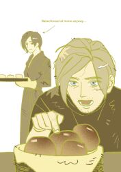  1boy 1girl ada_wong blue_eyes bread_bun coat highres holding holding_tray leon_s._kennedy open_mouth pointing resident_evil resident_evil_2 resident_evil_2_(remake) shirt short_hair t-shirt tray trench_coat xianyu_chuan yellow_theme 