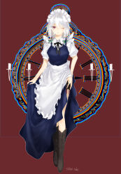  1girl apron artist_name blue_dress braid clock commentary_request dress highres izayoi_sakuya looking_at_viewer maid_headdress medium_hair one_eye_closed puffy_sleeves red_background red_eyes shee_take shirt short_sleeves signature solo touhou twin_braids waist_apron white_apron white_shirt 