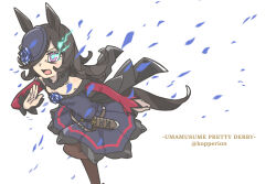  1girl animal_ears blue_dress blue_flower blue_rose commentary_request copyright_name dress eye_trail flower hat highres horse_ears horse_girl horse_tail kopperion light_trail long_hair mini_hat open_mouth petals red_sleeves rice_shower_(umamusume) rose running solo standing standing_on_one_leg strapless strapless_dress tail umamusume violet_eyes white_background 