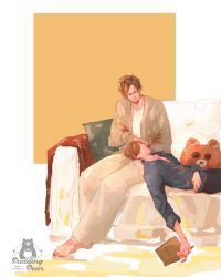  arm_across_waist artist_request before_and_after blue_shirt brown_hair commission couch full_body highres lap_pillow leon_s._kennedy lying on_back on_couch resident_evil resident_evil_6 resident_evil_requiem second-party_source selfcest shirt short_hair sitting 