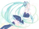  ahoge aqua_hair black_legwear detached_sleeves floating flowing_hair hand_on_own_chest hand_to_chest hatsune_miku konnnaka long_hair necktie open_mouth singing skirt solo thigh-highs thighhighs twintails very_long_hair vocaloid 