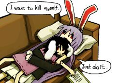  2girls :3 animal_ears aoiseshin black_coat black_hair coat couch depressed dialogue dress english_text feet_out_of_frame head_on_pillow holding holding_notepad holding_pen hug inaba_tewi long_hair lying lying_on_person medium_hair meme multiple_girls notepad on_back on_couch on_stomach pen pillow pink_dress purple_hair rabbit_ears rabbit_girl red_eyes reisen_udongein_inaba size_difference speech_bubble touhou very_long_hair 