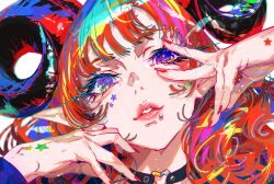  1girl absurdres choker commentary_request demon_girl heart heart_o-ring heart_ring_choker highres horns long_hair long_pointy_ears momoyama_tits multicolored_eyes multicolored_hair o-ring o-ring_choker original parted_lips pointy_ears portrait red_hair red_nails solo v white_background 