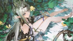  1girl arknights arknights:_endfield bare_legs bare_shoulders barefoot bead_bracelet beads black_streaks blue_eyes blue_hands bracelet breasts detached_sleeves double_bun dragon_girl dragon_horns dragon_tail dress eastern_dragon_horns eastern_dragon_tail eyeliner flower foreshortening from_above full_body game_asset green_hair grey_dress hair_bun hairband hand_on_own_leg highres holding holding_with_tail horns jewelry long_hair looking_at_viewer lotus lotus_leaf makeup multicolored_hair official_art outstretched_legs pointy_ears prehensile_tail rain red_eyeliner shycocoa si_(arknights) sitting_on_liquid sleeveless sleeveless_dress small_breasts solo streaked_hair tail thigh_strap third-party_source toes very_long_hair very_low_bun 