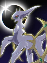  arceus colored_sclera commentary_request eclipse glint green_sclera hama_sou looking_at_viewer no_humans pokemon pokemon_(creature) red_eyes solo 