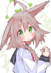  1girl absurdres ahoge animal_ear_fluff animal_ears black_sailor_collar blue_archive blush braid brown_hair closed_mouth commentary_request double-parted_bangs double_horizontal_stripe fox_ears fox_girl green_eyes green_halo hair_between_eyes halo hand_up highres long_hair long_sleeves neetangel365 one_ear_down otogi_(blue_archive) sailor_collar school_uniform serafuku shirt simple_background single_braid solo upper_body white_background white_shirt 