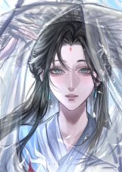  1girl arm_up black_hair chinese_clothes earrings facial_mark floating_hair forehead_mark green_eyes hanfu hat hat_veil highres jewelry lichen_(path_to_nowhere) light_smile lips nidi3_laila parted_lips path_to_nowhere portrait see-through_clothes see-through_veil simple_background solo teardrop_earrings veil white_background white_hanfu white_veil 