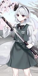  1girl absurdres black_bow black_bowtie black_hairband bow bowtie closed_mouth collared_shirt commentary_request flower glint green_skirt green_vest grey_hair hairband highres hitodama holding holding_sheath holding_sword holding_weapon katana konpaku_youmu konpaku_youmu_(ghost) kore_(pixiv_128182612) looking_at_viewer outdoors pink_flower red_eyes sheath shirt skirt skirt_set solo sword touhou unsheathing vest weapon white_shirt 