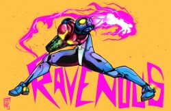 1girl arm_cannon armor artist_name assault_visor copyright_name full_armor glowing_arm green_assault_visor helmet highres metroid metroid_ravenous patmakesart power_armor power_suit_(metroid) ravenous_suit red_helmet samus_aran signature weapon 