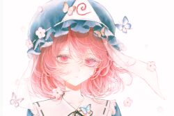  1girl blue_butterfly blue_hat blue_kimono bug butterfly character_print commentary_request flower hat highres hourai_kiriri japanese_clothes kimono mob_cap pink_eyes pink_flower pink_hair portrait saigyouji_yuyuko solo touhou triangular_headpiece yellow_butterfly 