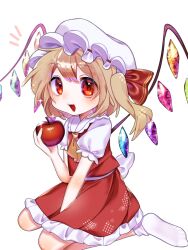  1girl :d apple ascot blonde_hair blush commentary_request crystal_wings double-parted_bangs fang flandre_scarlet food frilled_skirt frills fruit full_body hair_between_eyes hat highres holding holding_food holding_fruit long_hair mameko_(mameko_0211) mob_cap no_shoes notice_lines open_mouth red_eyes red_hat red_skirt red_vest shirt short_sleeves side_ponytail simple_background sitting skin_fang skirt skirt_set smile socks solo touhou vest wariza white_background white_shirt white_socks wings yellow_ascot 