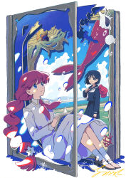  2girls artist_name belt black_eyes black_hair black_serafuku black_skirt blue_eyes blue_sky book boxing_gloves braid clouds cloudy_sky collared_dress commentary_request dress flower full_body grass guest_art hair_flower hair_ornament hair_tie highres hill holding holding_book kinema_citrus lara_(sayonara_lara) light_blush long_dress long_hair long_sleeves merfolk mermaid monster_girl multiple_girls neckerchief ocean official_art ootsu_mari red_hair red_neckerchief sailor_collar sayonara_lara school_uniform second-party_source serafuku shoes short_hair single_braid sitting skirt sky smile socks standing white_neckerchief 