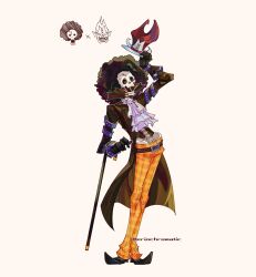  1boy afro ascot belt black_belt black_gloves black_hair black_shoes brook_(one_piece) cane cosplay eriochromatic full_body gecko_moria gecko_moria_(cosplay) gloves highres long_sleeves male_focus one_piece open_mouth orange_pants pants shoes short_hair simple_background skeleton solo studded_belt studs white_ascot 