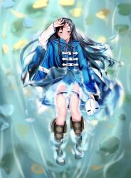  1girl absurdres black_eyes black_hair blue_robe blush boots hair_between_eyes highres holding holding_mask knees_up long_hair looking_at_viewer lying mask nanahoshi_shizuka on_back open_mouth robe skirt stream water wet wet_clothes white_skirt 