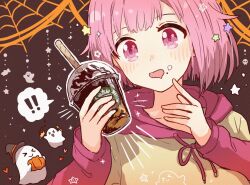  ! !! >_< 1girl bob_cut closed_eyes closed_mouth cup disposable_cup drawstring drinking_straw food food_on_face ghost hane_k2 holding holding_cup hood hood_down hoodie long_sleeves notice_lines ootori_emu open_mouth pink_eyes pink_hair project_sekai protected_link pumpkin short_hair silk smile solo sparkle spider_web star_(symbol) starbucks tied_drawstring upper_body 