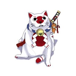  animal_focus bell cat commentary_request full_body highres japan_(kokkimusume) japanese_flag jingle_bell katana kokkimusume manatsu_no_yo_no_inmu miura_cat no_humans omar_0828 open_mouth rope shide shimenawa simple_background sitting solo sword weapon white_background white_cat 