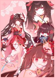  2girls :p absurdres akanbe ankle_lace-up ankle_ribbon bare_legs bare_shoulders bell black-framed_eyewear black_choker black_gloves black_jacket black_sandals black_sash black_skirt blazer blue_ribbon blunt_bangs border bright_pupils brown_hair butterfly-shaped_pupils cherry_blossom_print chibi chibi_inset choker chromatic_aberration circle_facial_mark coin coin_on_string collarbone commentary_request criss-cross_halter dot_nose dual_persona empty_eyes evil_grin evil_smile eyelid_pull facial_mark floral_print floral_print_kimono flower_hairclip flower_knot fox_mask glasses gloves gold_trim grin hair_intakes halterneck hand_up heart highres holding holding_toy_gun honkai:_star_rail honkai_(series) jacket japanese_clothes jingle_bell jitome kimono lace leg_ribbon legs long_hair looking_at_viewer mark_under_both_eyes mask mask_on_head multiple_girls multiple_views neck_bell neck_ribbon o-ring obi obidome obijime open_mouth ornate_border parted_lips pelvic_curtain pink_background pink_pupils pixel_heart print_kimono red_eyes red_kimono red_ribbon ribbon round_eyewear sakuramon sandals sash school_uniform short_kimono single_glove skirt smile sparkle_(harmony)_(honkai:_star_rail) sparkle_(honkai:_star_rail) sparkle_(school_uniform)_(honkai:_star_rail) standing standing_on_one_leg streamers symbol-shaped_pupils tassel thigh_ribbon three-quarter_sleeves tongue tongue_out toy_gun twintails very_long_hair wide-eyed wrist_bell wrist_ribbon yuyu_shiki07 zouri 