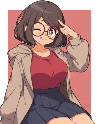  1girl :p absurdres blue_skirt border breasts brown_hair brown_jacket closed_mouth collarbone commentary english_commentary freckles garloo glasses high-waist_skirt highres hood hooded_jacket invisible_chair jacket large_breasts long_sleeves looking_at_viewer one_eye_closed original pleated_skirt pointing_at_forehead red-framed_eyewear red_background red_eyes red_shirt round_eyewear shirt shirt_tucked_in short_hair simple_background sitting skirt smile solo split_mouth swept_bangs tongue tongue_out upper_body white_border 