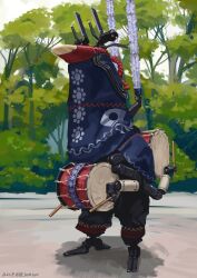  absurdres artist_name commentary_request drum drumsticks extra_arms highres holding holding_drumsticks hozumi_sousei instrument no_humans original outdoors robot science_fiction tree 