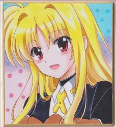 1girl black_shirt blonde_hair blush chikoto_(kztc4472) commentary_request cross_tie fate_testarossa hair_intakes highres long_hair lyrical_nanoha open_mouth parted_bangs portrait red_eyes shikishi shirt solo traditional_media 