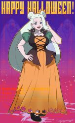  1girl alternate_costume alternate_hairstyle blue_eyes breasts brown_vest dress gown green_sleeves halloween_costume highres jewelry large_breasts long_dress long_hair mature_female melony_(pokemon) necklace open_mouth orange_vest otonari_k-suke pearl_necklace plump pokemon pokemon_sword_and_shield puffy_short_sleeves puffy_sleeves short_sleeves smile solo two_side_up vest 