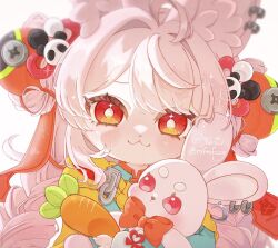  1girl :3 ahoge animal_ear_fluff animal_ear_piercing animal_ears braid braided_twintails bright_pupils carrot commentary_request furry furry_female hair_ornament highres holding holding_stuffed_toy long_hair looking_at_viewer mfmfccy panda_hair_ornament pink_fur pink_hair portrait rabbit_ears rabbit_girl red_eyes screw short_eyebrows simple_background smile solo sphere_hair_ornament stuffed_toy thick_eyebrows twin_braids white_background white_pupils zenless_zone_zero zhao_(zenless_zone_zero) 