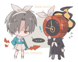  1boy 1other arona_(blue_archive) arona_(blue_archive)_(cosplay) black_coat black_serafuku blue_archive blue_shirt chibi clock coat cosplay dante_(limbus_company) fire flying_sweatdrops full_body grey_hair limbus_company long_sleeves nanahara191 neckerchief object_head parted_bangs plana_(blue_archive) plana_(blue_archive)_(cosplay) project_moon red_eyes sailor_collar school_uniform serafuku shirt skirt vergilius_(project_moon) white_neckerchief white_sailor_collar white_skirt 