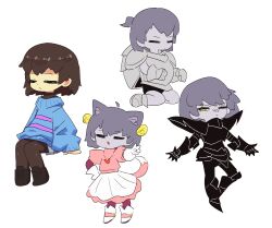  1other animal_ears armor bell blue_sweater brown_hair brown_leggings cat_ears cat_tail closed_eyes closed_mouth colored_skin cosplay deltarune dress frisk_(undertale) gerson_boom gerson_boom_(cosplay) gloves grey_skin hair_bell hair_ornament heart heart_necklace highres jewelry kneeling leggings mad_mew_mew mad_mew_mew_(cosplay) multiple_persona neamosub necklace open_mouth other_focus puffy_sleeves roaring_knight roaring_knight_(cosplay) short_hair short_shorts shorts simple_background sitting striped_clothes striped_sweater sweater tail two-tone_sweater undertale utdr_(toby_fox) v white_gloves yellow_eyes 