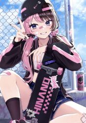  1girl alternate_costume bandaid bandaid_on_face bandaid_on_knee bandaid_on_leg bandaid_on_nose black_hat black_jacket black_socks blue_shorts blue_sky bracelet breasts brown_hair brown_nails brown_scrunchie can character_name cityscape clouds commentary crop_top day denim denim_shorts drink_can fence grin gyaru hair_ornament hair_scrunchie hairclip hat highres jacket jewelry long_hair long_sleeves looking_at_viewer midriff multicolored_hair open_clothes open_jacket outdoors pink_hair pink_jacket pink_nails pink_scrunchie rooftop scrunchie shirt shorts signature sitting skateboard sky smile socks solo split-color_hair sticker streetwear tachibana_hinano torn_clothes torn_shorts two-tone_hair v virtual_youtuber vspo! white_shirt yuzu8ra 
