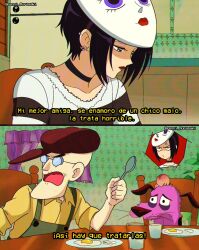  black_choker brenni_murasaki choker courage_(character) courage_the_cowardly_dog crossover dog eustace_bagge fake_subtitles fried_egg glasses highres kitchen lipstick makeup nana_(series) old old_man open_mouth osaki_nana scene_reference spanish_text table water window 