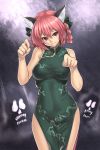  1girl alternate_costume animal_ears bare_shoulders braid breasts cat_ears cat_pose china_dress chinese_clothes curvy houtengeki kaenbyou_rin paw_pose pink_hair red_eyes side_slit skull solo touhou twin_braids 