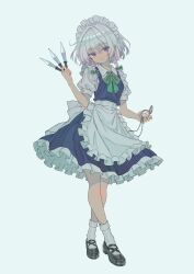  1girl absurdres apron black_shoes blush bow clock commentary_request full_body highres holding holding_weapon izayoi_sakuya knife looking_at_viewer maid maid_apron maid_headdress po_o_o shoes short_hair simple_background socks solo standing touhou weapon white_hair white_socks 