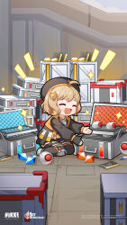  1girl ahoge anis_(nikke) anniversary beret black_gloves black_jacket black_shorts black_thighhighs briefcase brown_hair chibi closed_eyes copyright_name crystal full_body gloves goddess_of_victory:_nikke hair_ornament hat highres jacket long_sleeves navel official_art open_mouth short_hair shorts single_glove smile solo thigh-highs vox 