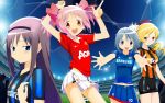  4girls adidas akemi_homura asymmetrical_clothes asymmetrical_clothing beret black_hair blonde_hair blue_eyes blue_hair breasts chelsea_fc derivative_work drill_hair fc_internazionale fc_internazionale_milano fc_shakhtar_donetsk hair_ornament hair_ribbon hairband hand_on_shoulder hat highres inter_milan internazionale kaname_madoka kurosaki_samurai large_breasts long_hair mahou_shoujo_madoka_magica manchester_united miki_sayaka miniskirt multiple_girls navel nike pink_eyes pink_hair pleated_skirt ribbon short_hair short_twintails skirt smile soccer soccer_uniform stadium star taut_shirt tomoe_mami twintails uefa_champions_league yellow_eyes 