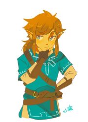  1boy aqua_tunic belt blonde_hair blue_eyes blush brown_belt brown_gloves closed_mouth commentary fingerless_gloves gloves hand_on_own_chin hand_on_own_hip kokomi_(aniesuakkaman) layered_sleeves link long_sleeves male_focus medium_hair pointy_ears ponytail raised_eyebrow short_over_long_sleeves short_sleeves sidelocks simple_background solo the_legend_of_zelda the_legend_of_zelda:_breath_of_the_wild tunic untranslatable_commentary white_background 