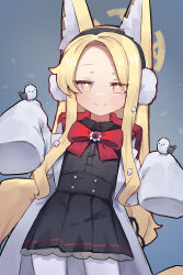  1girl absurdres animal_ear_fluff animal_ears backpack bag bird black_dress blonde_hair blue_archive blush bow bowtie breasts coat cosplay dress earmuffs forehead fox_ears halo highres long_hair long_sleeves looking_at_viewer miya_(miyaruta) pantyhose parted_bangs raised_eyebrows rana_(blue_archive) rana_(blue_archive)_(cosplay) seia_(blue_archive) sidelocks sleeves_past_fingers sleeves_past_wrists small_breasts smile tail white_coat white_pantyhose yellow_eyes 