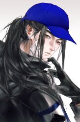  1boy absurdres all_wishes_come_true! alternate_costume baseball_cap black_cape black_gloves black_hair black_jacket blue_hat brown_eyes cape chinese_commentary closed_mouth commentary_request contemporary ear_piercing earrings fingerless_gloves glint gloves hand_up hat highres jacket jewelry jiushuo long_hair looking_at_viewer looking_back lord_of_dark_blade_(all_wishes_come_true!) lu_dongbin_(all_wishes_come_true!) male_focus mask mask_pull mouth_mask piercing ponytail sidelocks simple_background solo upper_body white_background 