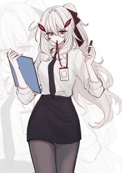  1girl alternate_costume black_necktie black_pantyhose black_skirt breasts clipboard closed_mouth collared_shirt commentary_request cowboy_shot genshin_impact hair_between_eyes hands_up highres holding holding_clipboard holding_pen id_card kulululuna lanyard long_hair mouth_hold necktie office_lady pantyhose pen pencil_skirt ronova_(genshin_impact) shirt skirt solo very_long_hair white_background white_hair white_shirt yellow_eyes zoom_layer 
