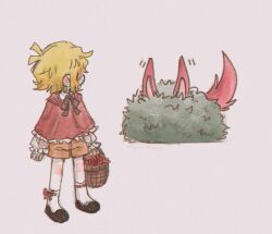  1boy 1girl alternate_costume alternate_universe animal_ears antenna_hair aubrey_(faraway)_(omori) aubrey_(omori) bad_id bad_twitter_id basil_(faraway)_(omori) basil_(omori) basket black_shoes blonde_hair brown_shorts bush commentary commentary_typo english_commentary grey_background holding holding_basket kemonomimi_mode long_sleeves omori shoes short_hair shorts sidelocks simple_background socks tail white_socks wolf_ears wolf_girl wolf_tail yuilu_(yuiluqqq) 