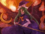  bowtie crescent demon_wings faux_traditional_media green_hair hat long_hair mima open_mouth ribbon saiho solo staff touhou touhou_(pc-98) traditional_media weapon wings wizard_hat yellow_eyes 