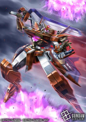  amasaki_yusuke blue_sky blurry commentary_request explosion explosion_background flying full_body gem great_sword gundam gundam_00 gundam_card_game gundam_throne_zwei holding holding_sword holding_weapon mecha mobile_suit official_art purple_gem robot sky sunrise sword violet_eyes weapon 