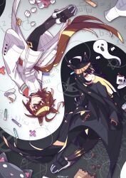  2girls agnes_tachyon_(tach-nology)_(umamusume) agnes_tachyon_(umamusume) ahoge animal_ears beaker black_coat black_gloves black_hair brown_hair cat chemical_structure closed_mouth coat coffee coffee_beans coffee_mug commentary_request cup division_sign ear_tag earrings ghost gloves hair_between_eyes highres horse_ears horse_girl horse_tail jewelry lab_coat long_bangs long_hair long_hair_between_eyes long_sleeves looking_at_viewer manhattan_cafe_(creeping_shadow)_(umamusume) manhattan_cafe_(umamusume) math mug multicolored_hair multiple_girls necktie pantyhose parted_lips red_eyes rotational_symmetry ruler saucer scalizo shoes single_earring sleeves_past_fingers sleeves_past_wrists smile sugar_cube tail test_tube umamusume white_coat white_hair yellow_eyes yellow_necktie yin_yang 