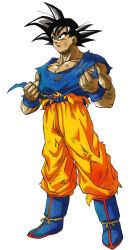  1boy belt biceps black_eyes black_hair blue_belt blue_boots blue_shirt boots closed_mouth collarbone commentary_request dirty dirty_clothes dirty_face dragon_ball dragon_ball_z full_body highres kouji08250 muscular muscular_male orange_pants pants serious shirt simple_background solo son_goku standing torn_clothes torn_pants torn_shirt white_background wristband 