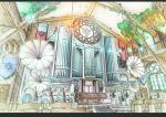  bell bow_(instrument) chair chandelier church instrument no_humans organ pixiv_fantasia pixiv_fantasia_5 roffi scenery stained_glass stairs tree violin 