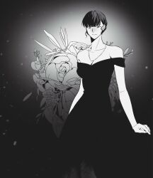  ace_combat ace_combat_8 anemone_(flower) black_dress black_hair commentary dress english_commentary flower gomi230 greyscale highres jewelry kate_evans monochrome short_hair smile 