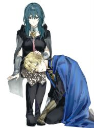  1boy 1girl black_boots blonde_hair blue_cape blue_eyes blue_hair boots brown_pantyhose cape chinese_commentary closed_mouth commentary_request dimitri_alexandre_blaiddyd female_byleth_(fire_emblem) fire_emblem fire_emblem:_three_houses garreg_mach_monastery_uniform hand_on_another's_head hetero highres invisible_chair knee_boots lap_pillow medium_hair pantyhose sevone side_cape simple_background sitting white_background 