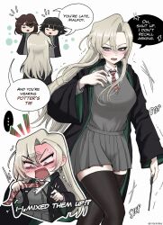  3girls black_hair black_skirt black_thighhighs blonde_hair blush breasts brown_hair diagonal-striped_clothes diagonal-striped_necktie earrings embarrassed english_commentary english_text genderswap genderswap_(mtf) green_eyes harry_potter_(series) highres hogwarts_school_uniform holding holding_wand hoop_earrings jewelry long_hair malfoid multiple_girls necktie nitekidoe open_mouth pleated_skirt robe school_uniform skirt speech_bubble striped_clothes striped_necktie thigh-highs wand wizarding_world 