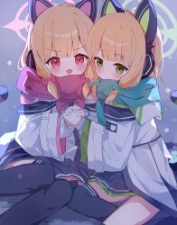  animal_ear_headphones animal_ears black_thighhighs blonde_hair blue_archive blush bow cat_ear_headphones cat_ears commentary cowboy_shot fake_animal_ears green_eyes green_halo hair_bow halo headphones highres holding_hands jacket long_sleeves looking_at_viewer midori_(blue_archive) momoi_(blue_archive) multiple_girls open_mouth pink_halo red_eyes short_hair siblings sisters sitting snowflakes snowing tail thigh-highs tttlr twins untranslatable_commentary white_jacket 