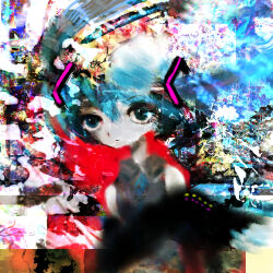  1girl abstract abstract_background absurdres blue_eyes blue_hair closed_mouth commentary_request expressionless grey_shirt hatsune_miku highres hilty looking_ahead looking_at_viewer shirt sleeveless sleeveless_shirt solo upper_body vocaloid 